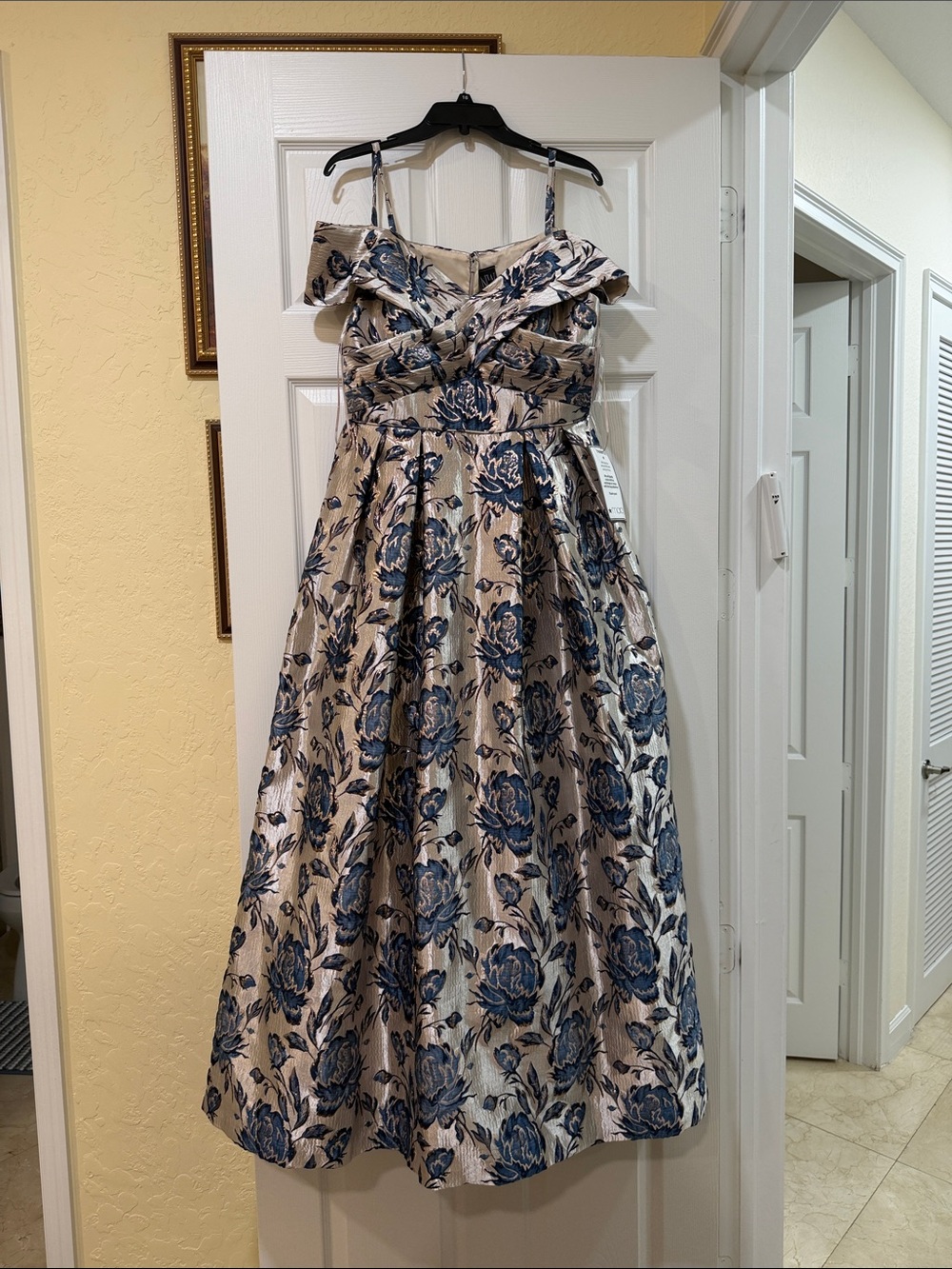 Night Way Collections Cream and Blue Floral Off-Shoulder Party Dress